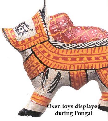 Oxen toys displayed during Pongal