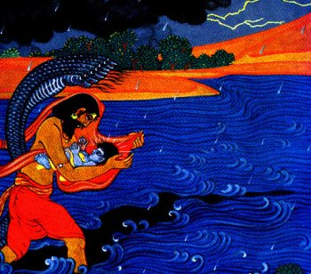 Vasuki protecting Lord Krishna and River giving way to Vasudeva