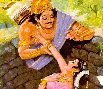 Yayati helping Devayani come out from Well